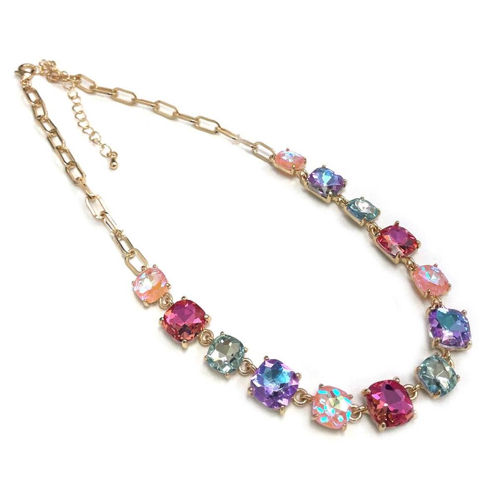 Pastel Multi-Color Square Crystal Pendant Necklace | Gold Chain 16"-18"